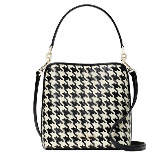 Kate Spade Houndstooth Straw Small Bucket Crossbody Bag Black Multi - Picture 1 of 7